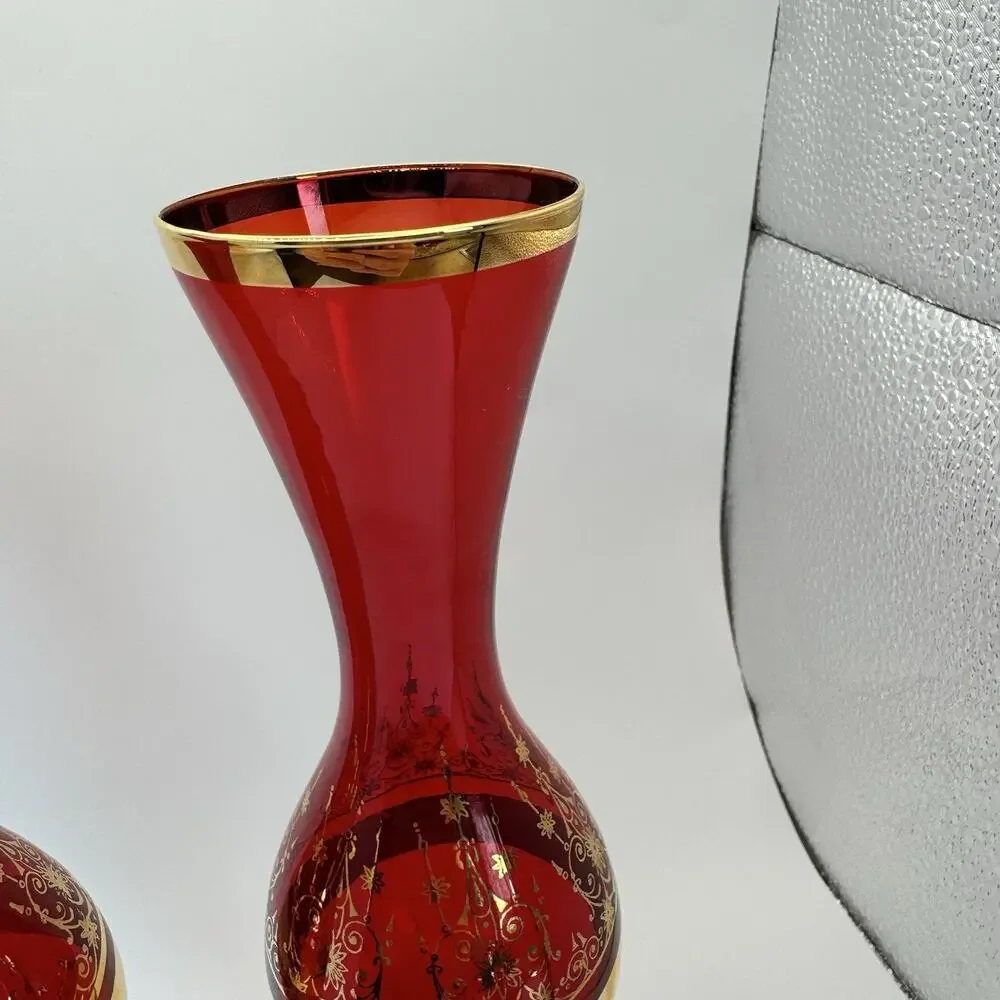 Vintage Vecchia Murano Italian Ruby‎ Red Bud Vase 24K Gold Leaf Overlay